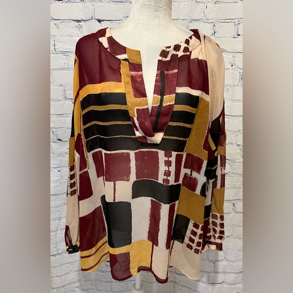 Lane Bryant Blouse Women Sz 18/20 Multicolor Geometrical See-through 3/4 Sleeves - Picture 1 of 7